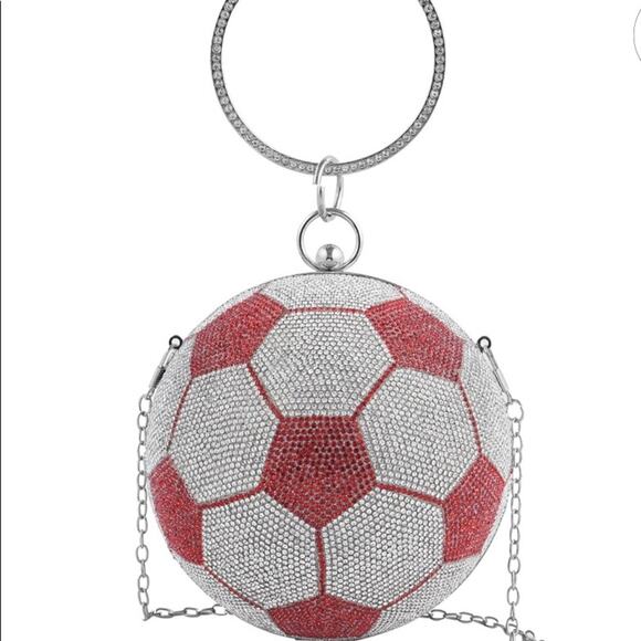 Red and White Crystal Soccer ⚽️ Clutch, 5.5” D, comes with a 47” chain - Picture 1 of 7